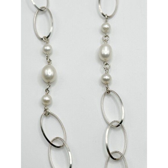 Milor Pearl Station Necklace Sterling Silver Cable Chain 31 grams Italy 36" - Picture 4 of 5